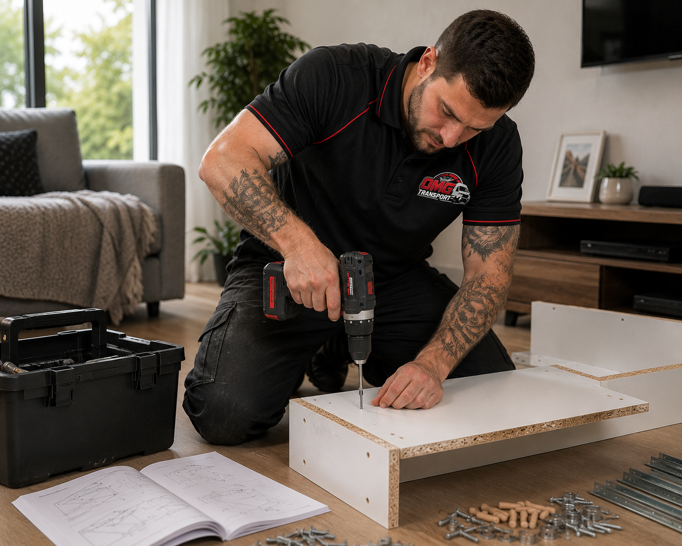 OMG Transport technician assembling flat-pack furniture with a power drill in a customer's home