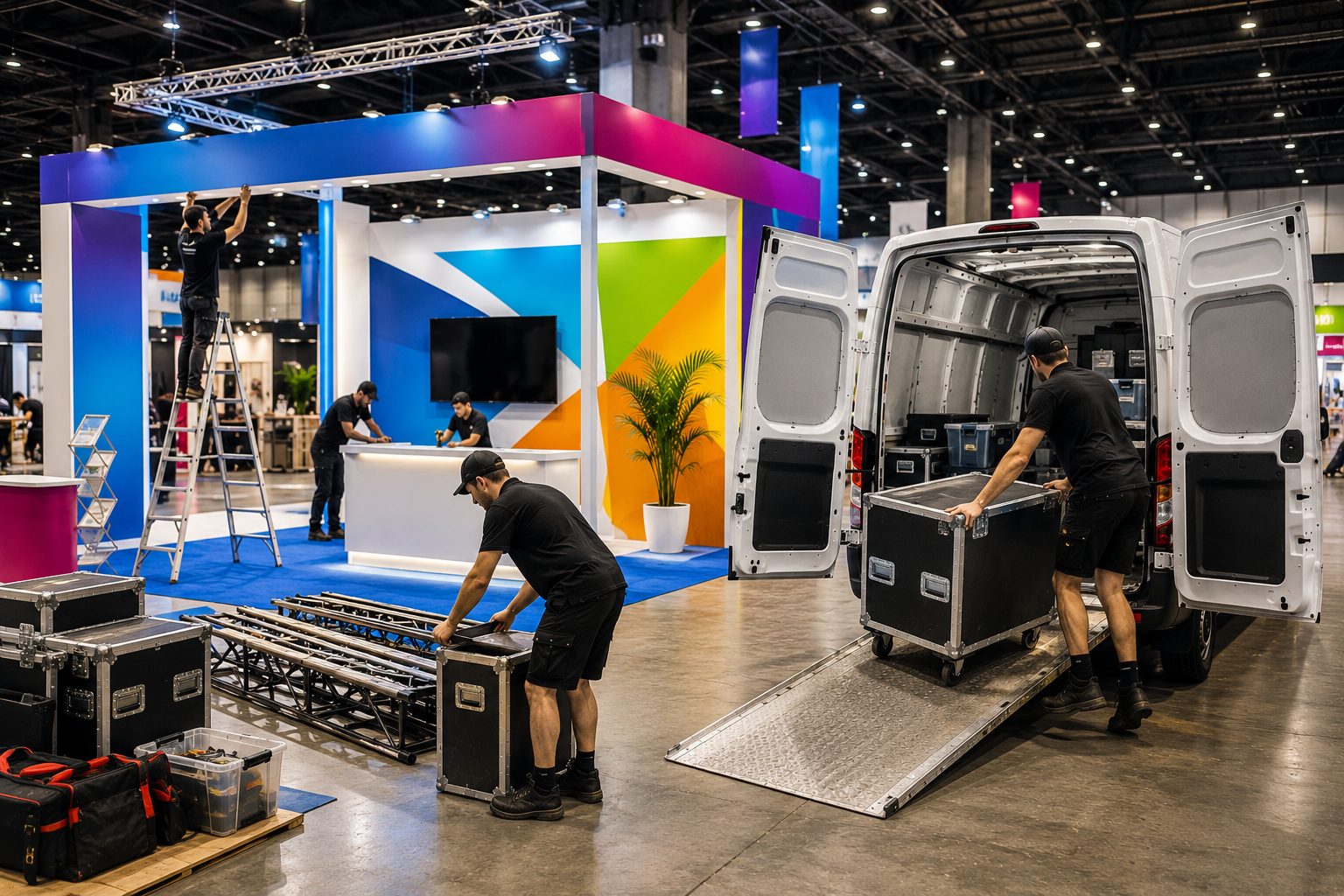 OMG Transport team carefully loading event equipment and display materials into a transport vehicle