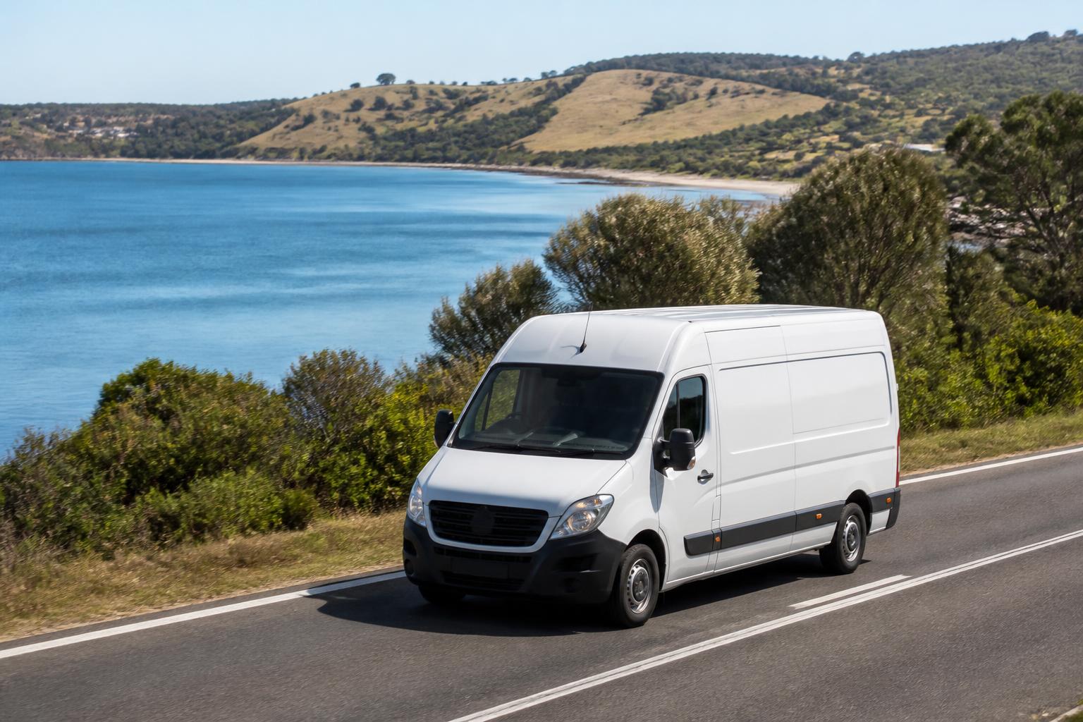 OMG Transport delivery van travelling a Mornington Peninsula coastal road overlooking the bay
